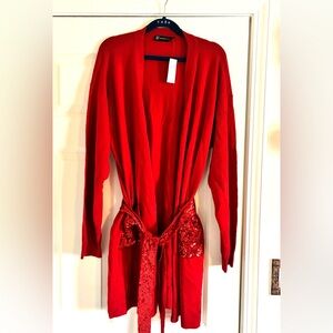 New York & Co Red Cardigan with Sequined Pockets and Belt NWT